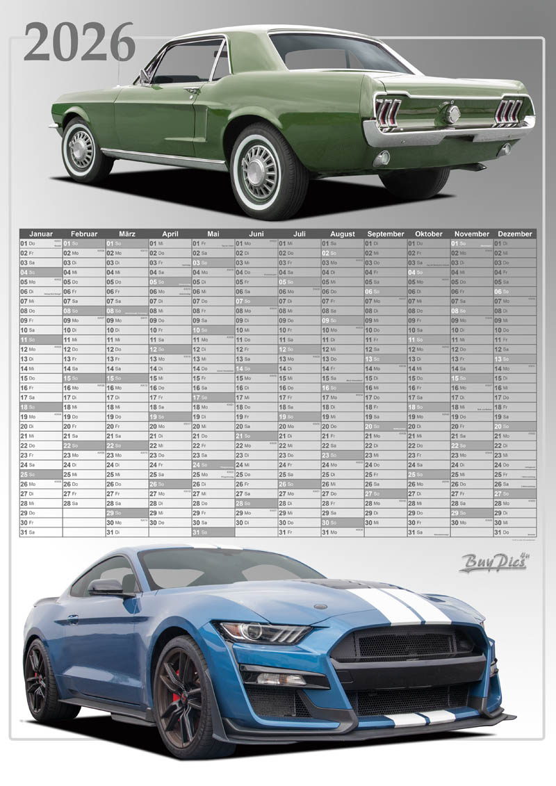 Jahresplaner 2026 DIN A2 Motive für Mustang Fans und Garagen (kein originaler Markenartikel)